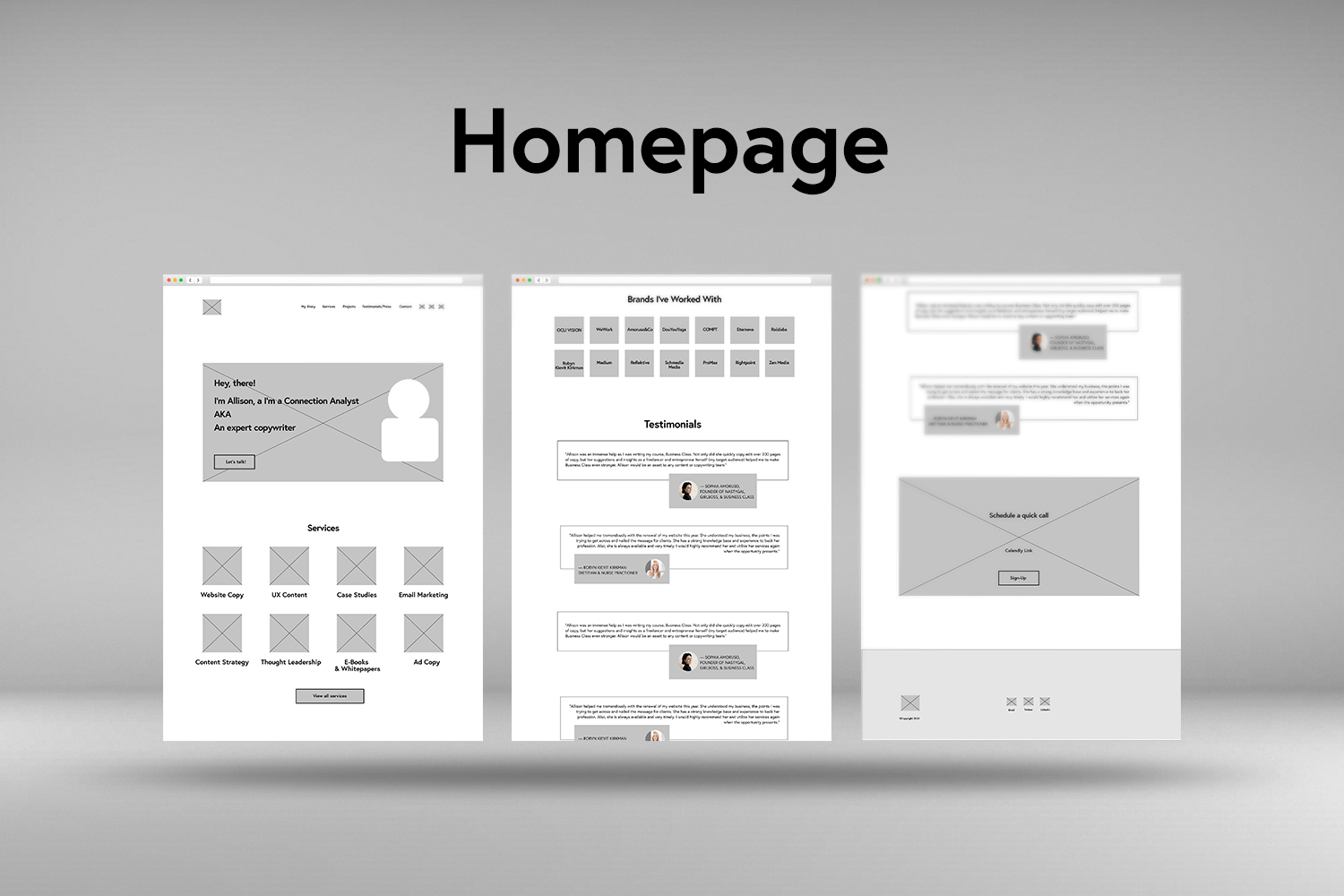 Homepage black and white wireframe