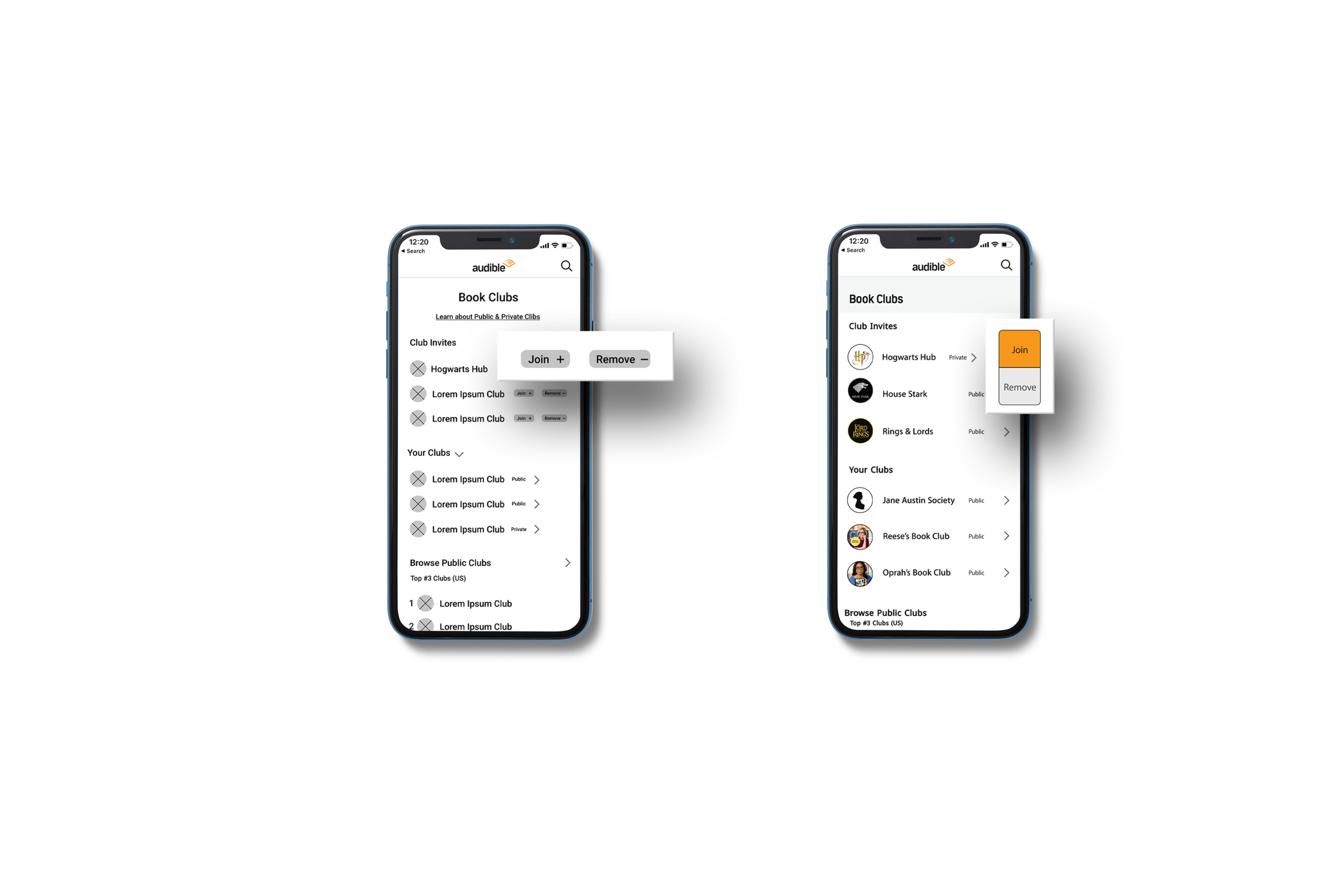 Book Club Main Page before and after: replaced Join+ and Remove+ buttons with swipe gesture