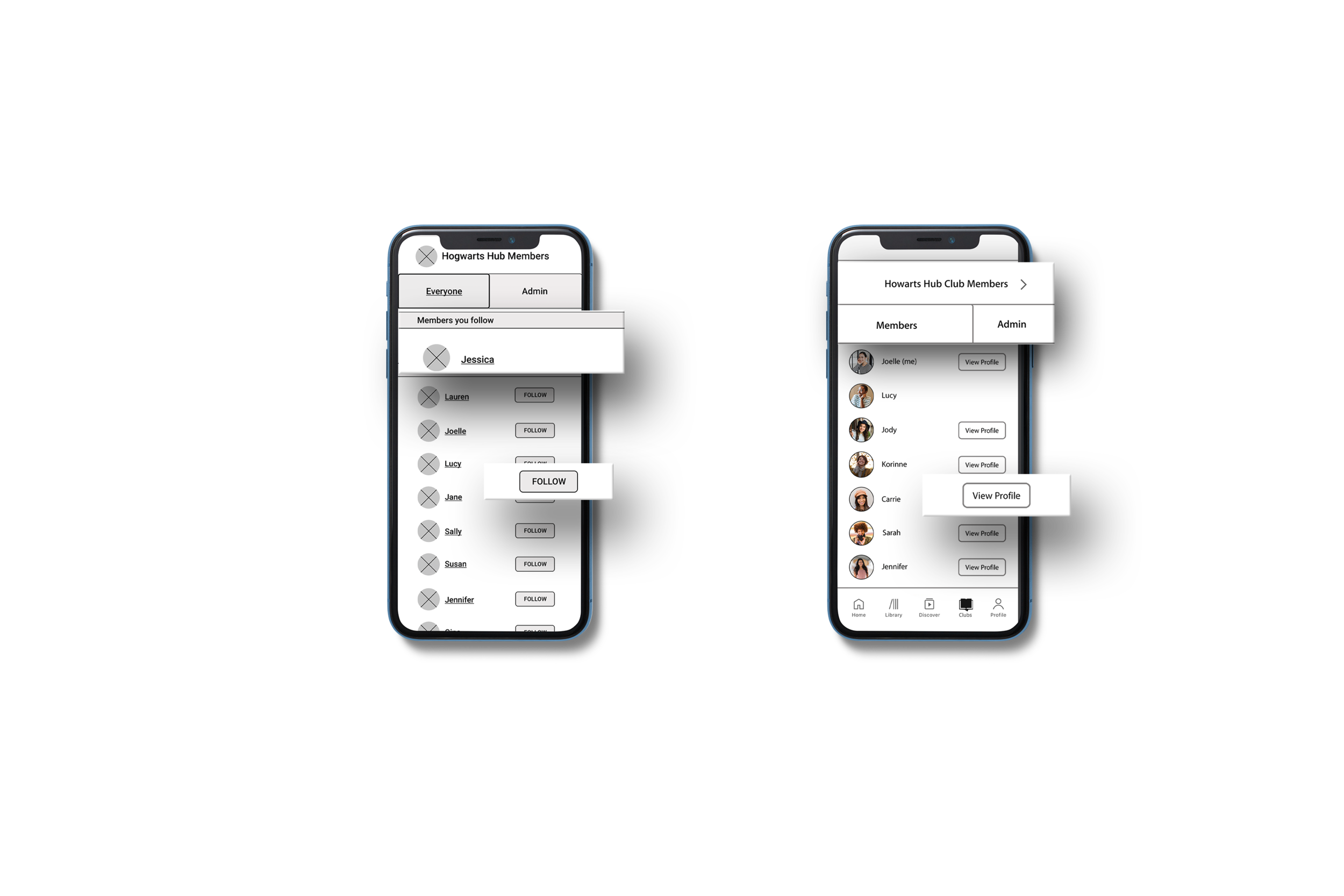 Club Members Page before and after: removed Follow option, added View Member button