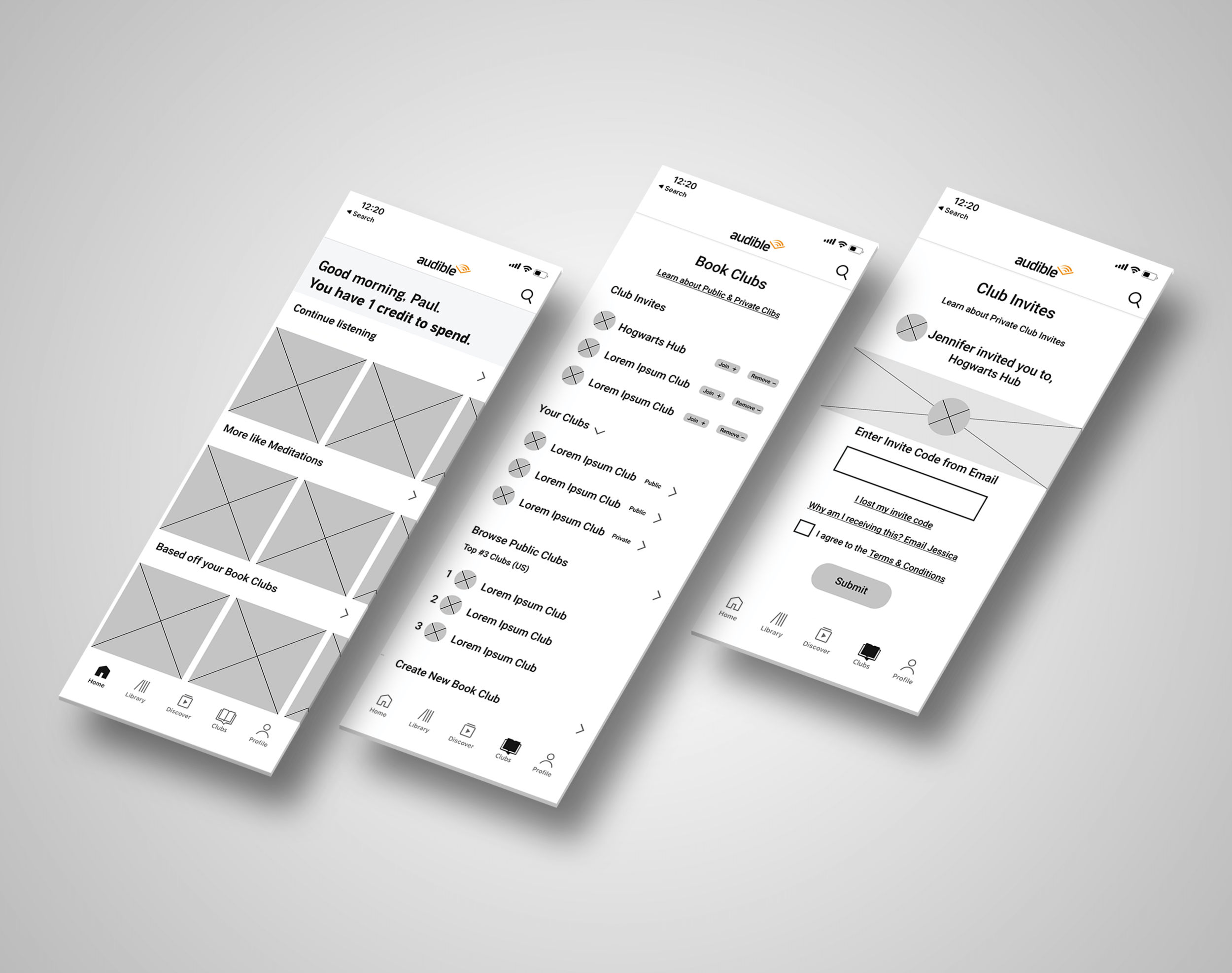 Audible Main Page to Clubs Main Page to Invite Page wireframe flow