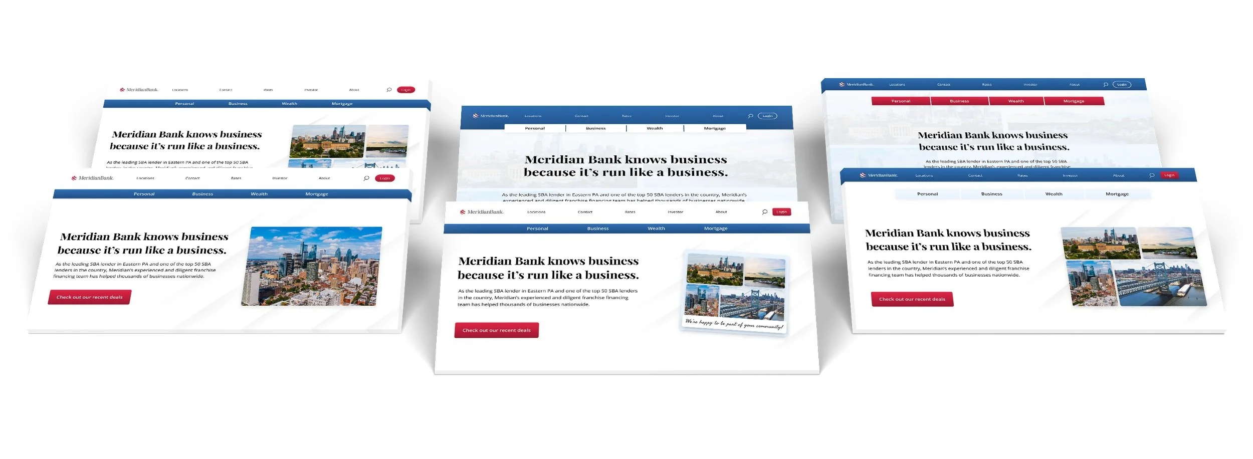 Meridian Bank topfold hero image options with regional Polaroid-style photo collages