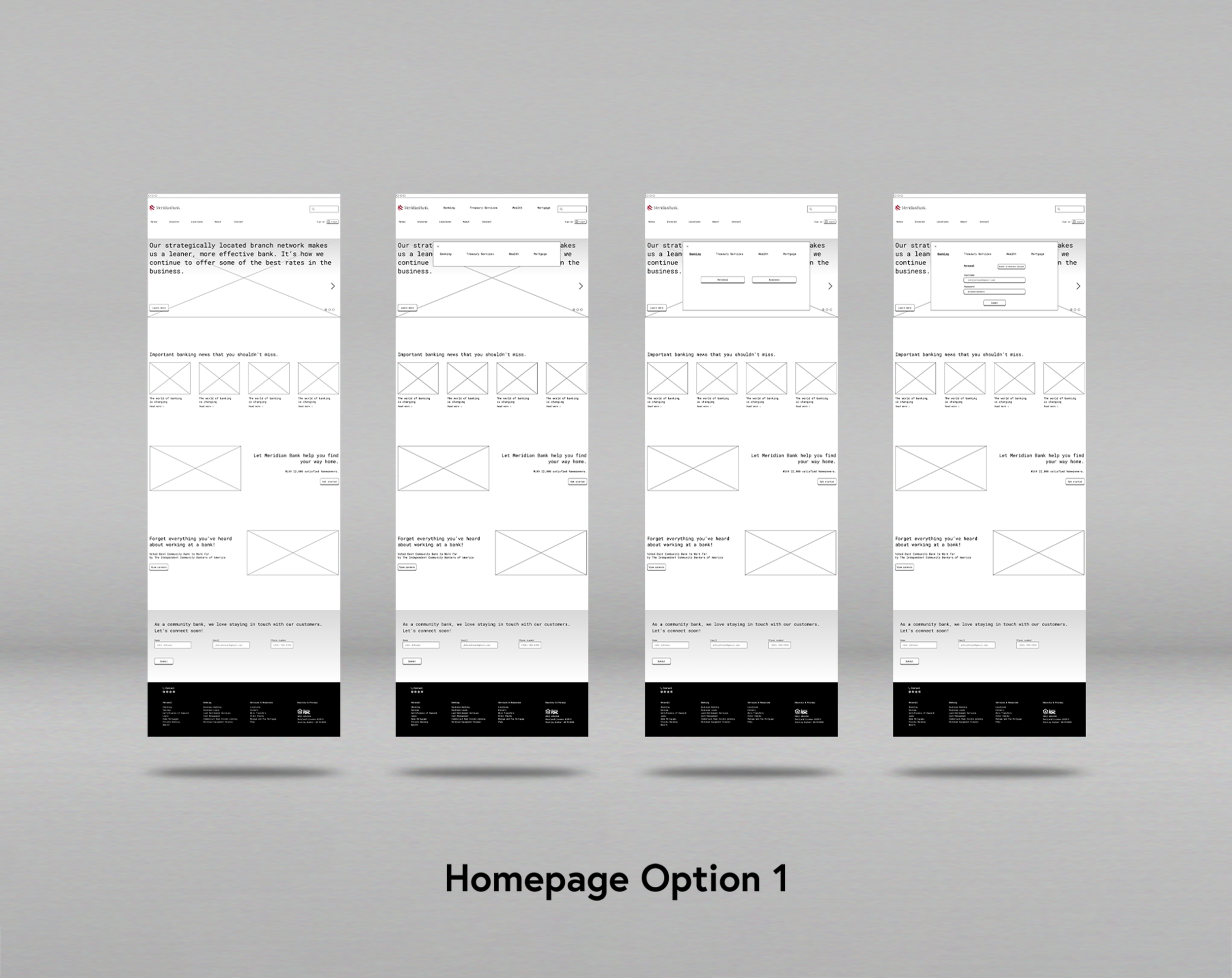 Meridian Bank black and white wireframes option 1