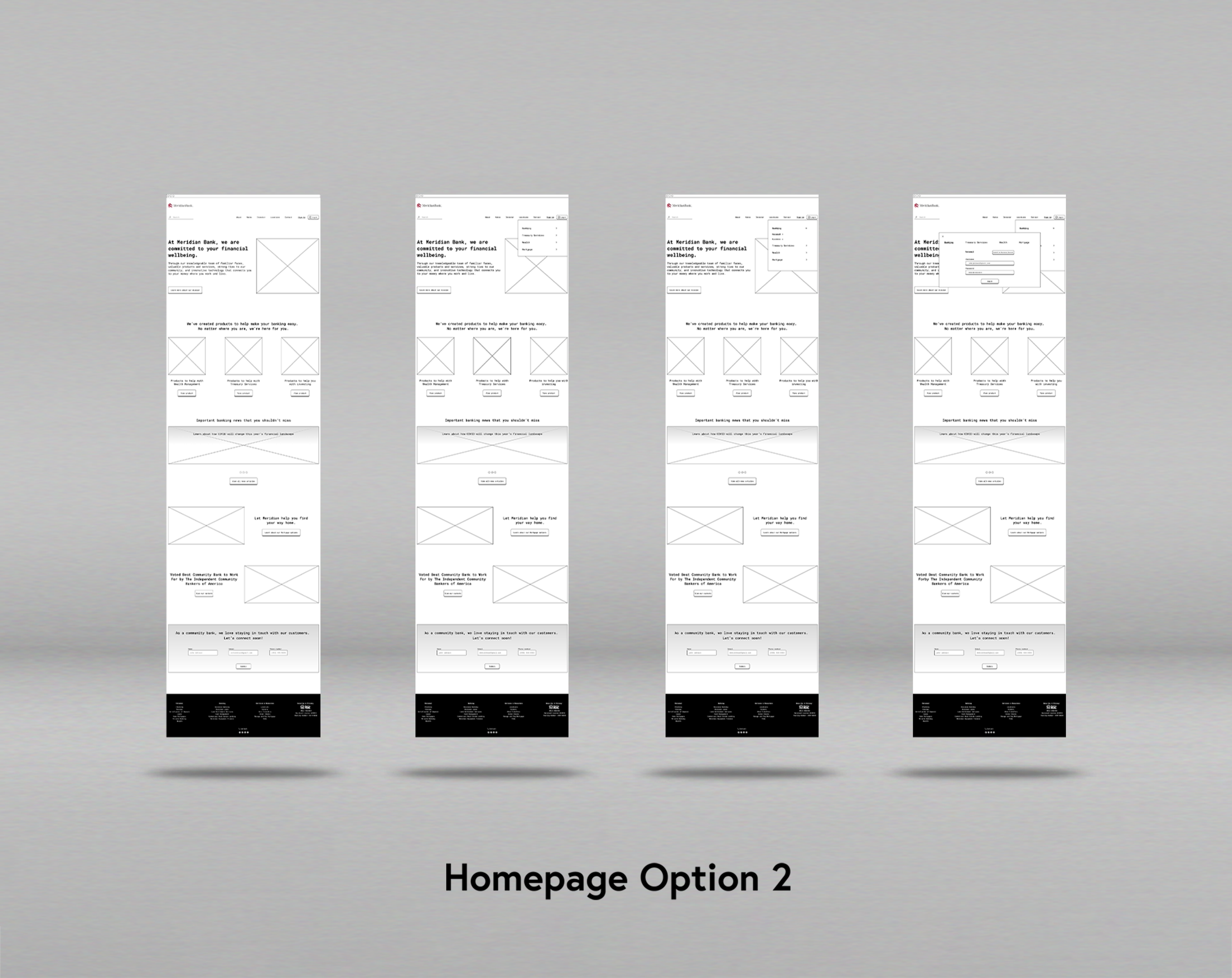 Meridian Bank black and white wireframes option 2