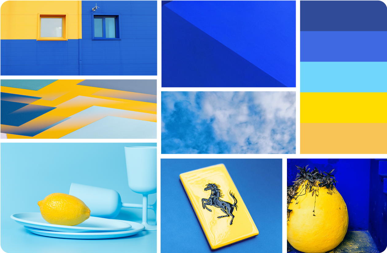 Merit mood board option 1: blue and yellow color palette