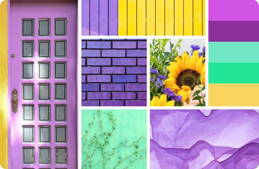 Merit mood board option 2: purple-blue and yellow color palette
