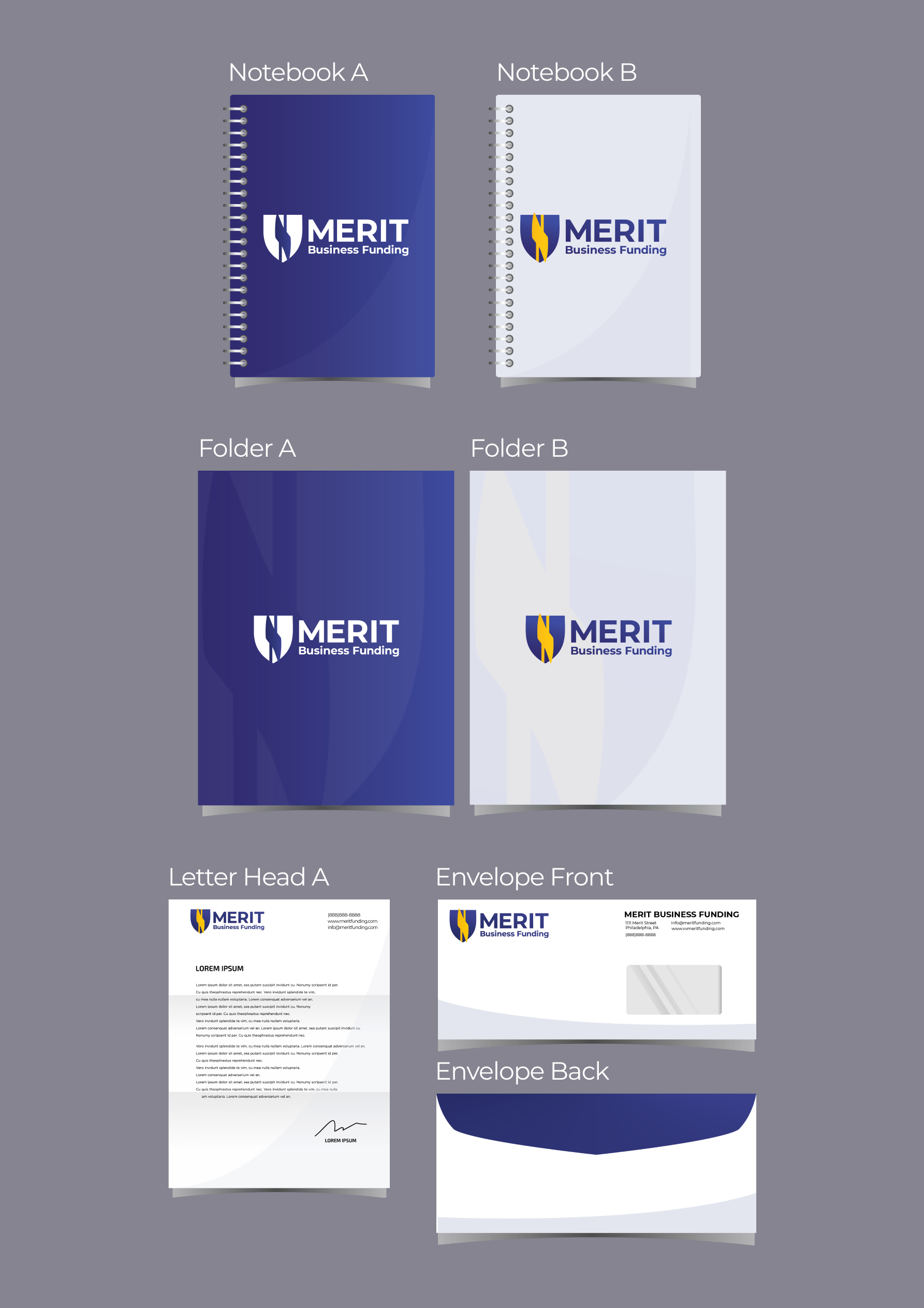 Merit print collateral including notebooks, folders, letterhead and envelopes