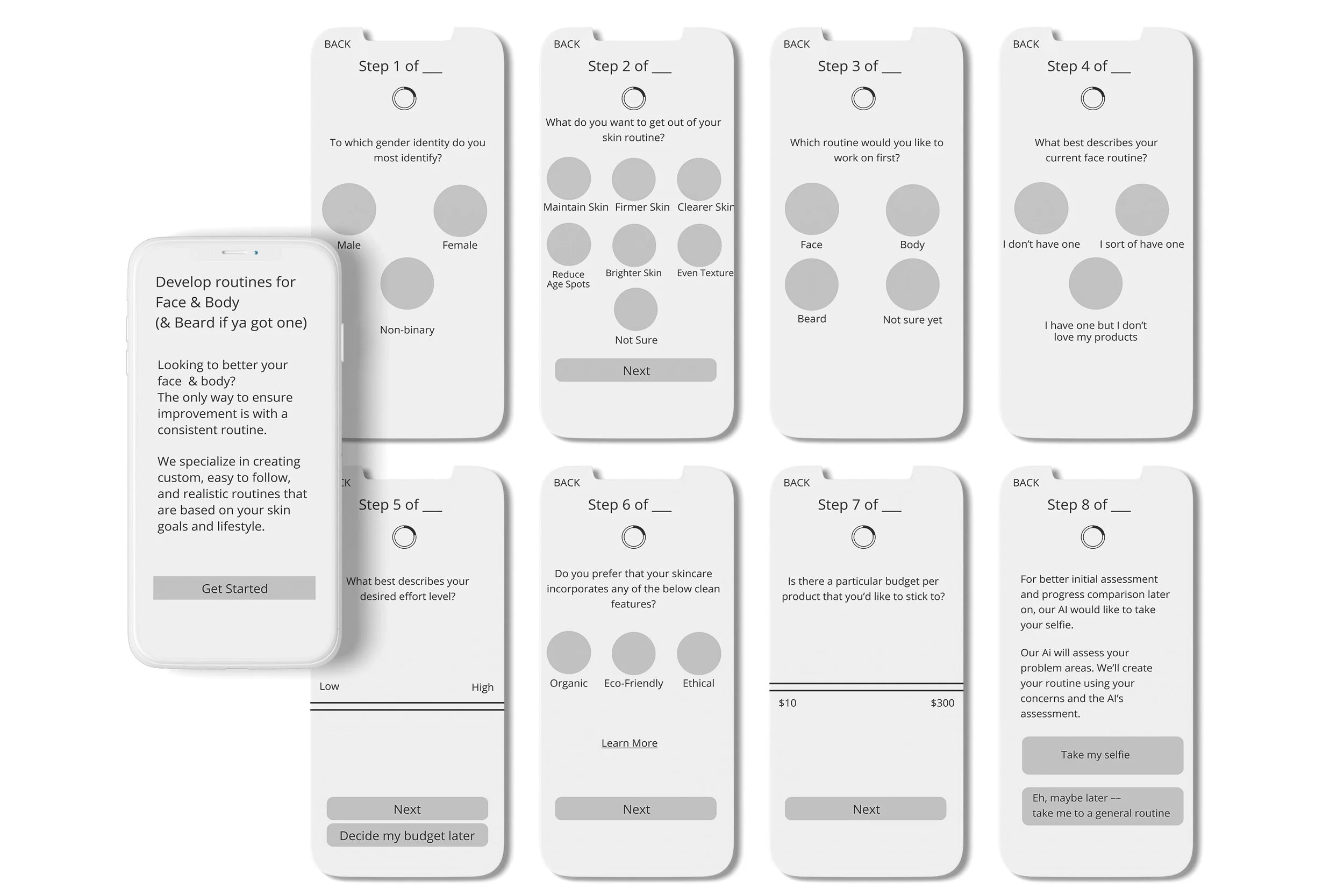 Routini Maker initial hand-drawn wireframes of the intro survey flow